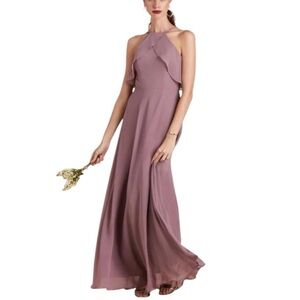 BIRDY GREY Jules Chiffon Dark Mauve Bridesmaid Dress Ruffle Halter NWT Large